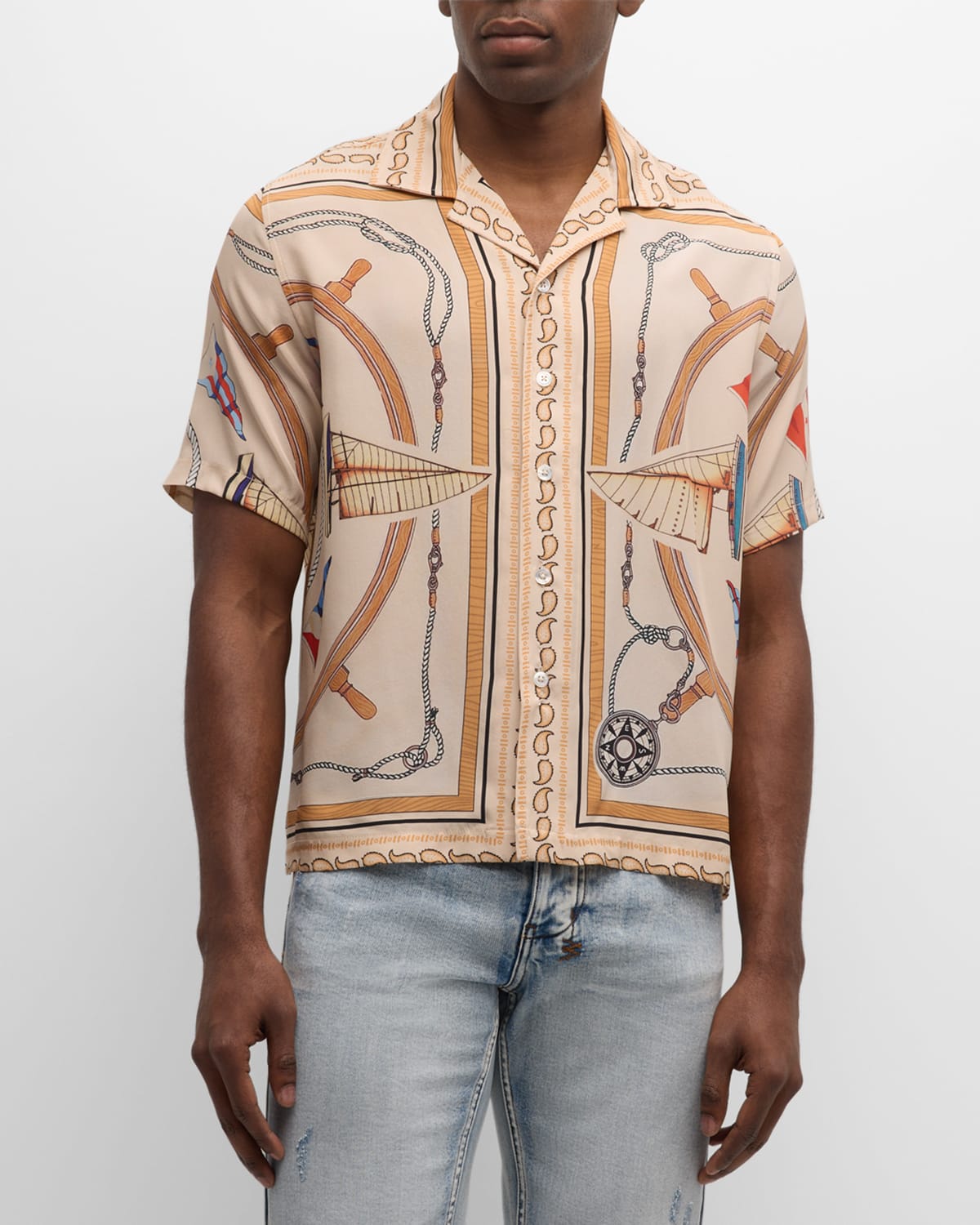 Shop Rhude Men's Nautical-print Silk Camp Shirt In Multi