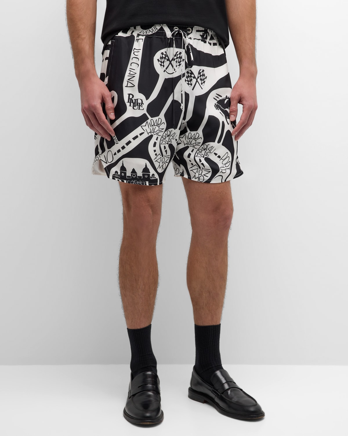 Shop Rhude Men's Drawstring Strada Silk Shorts In Black/white