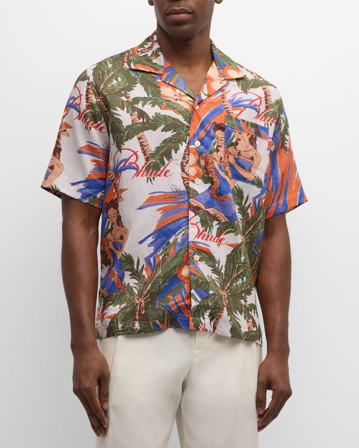 Shop Rhude Men's Le Fleur Linen Camp Shirt In Multi