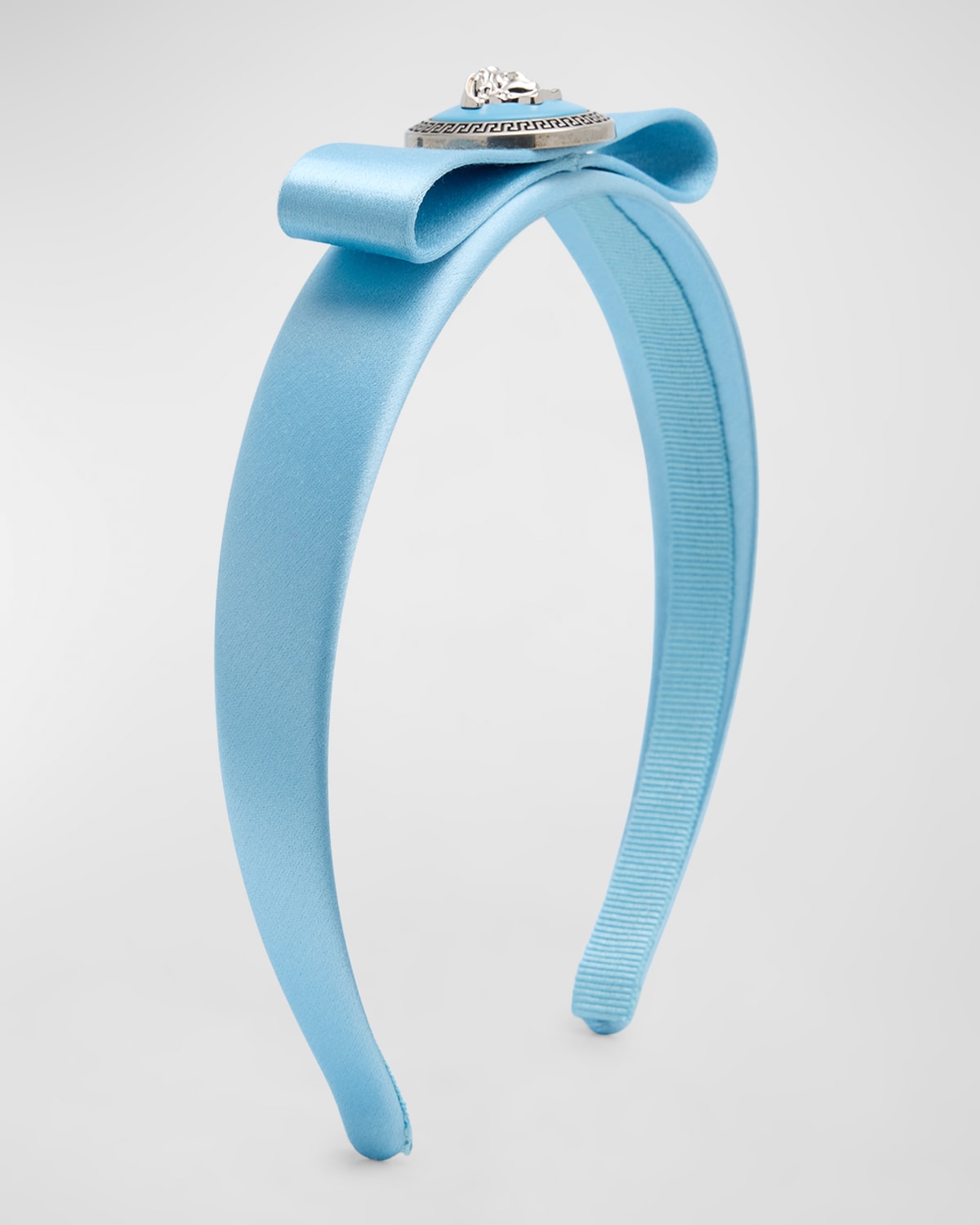 Shop Versace Gianni Ribbon Headband In Pastel Blue Palladium
