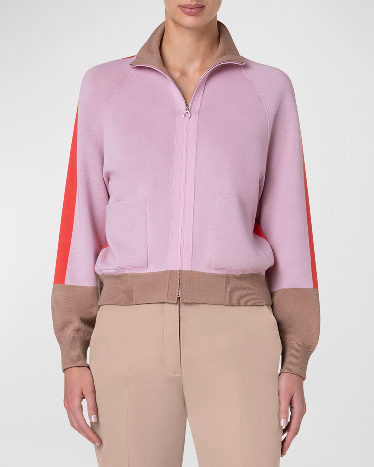 Colorblock Fine Gauge Knit Zip-Front Cardigan