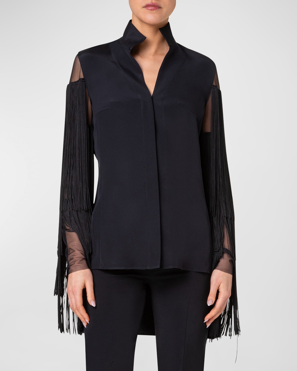 Akris Tiered Fringe-sleeve Silk Tunic Top In Black
