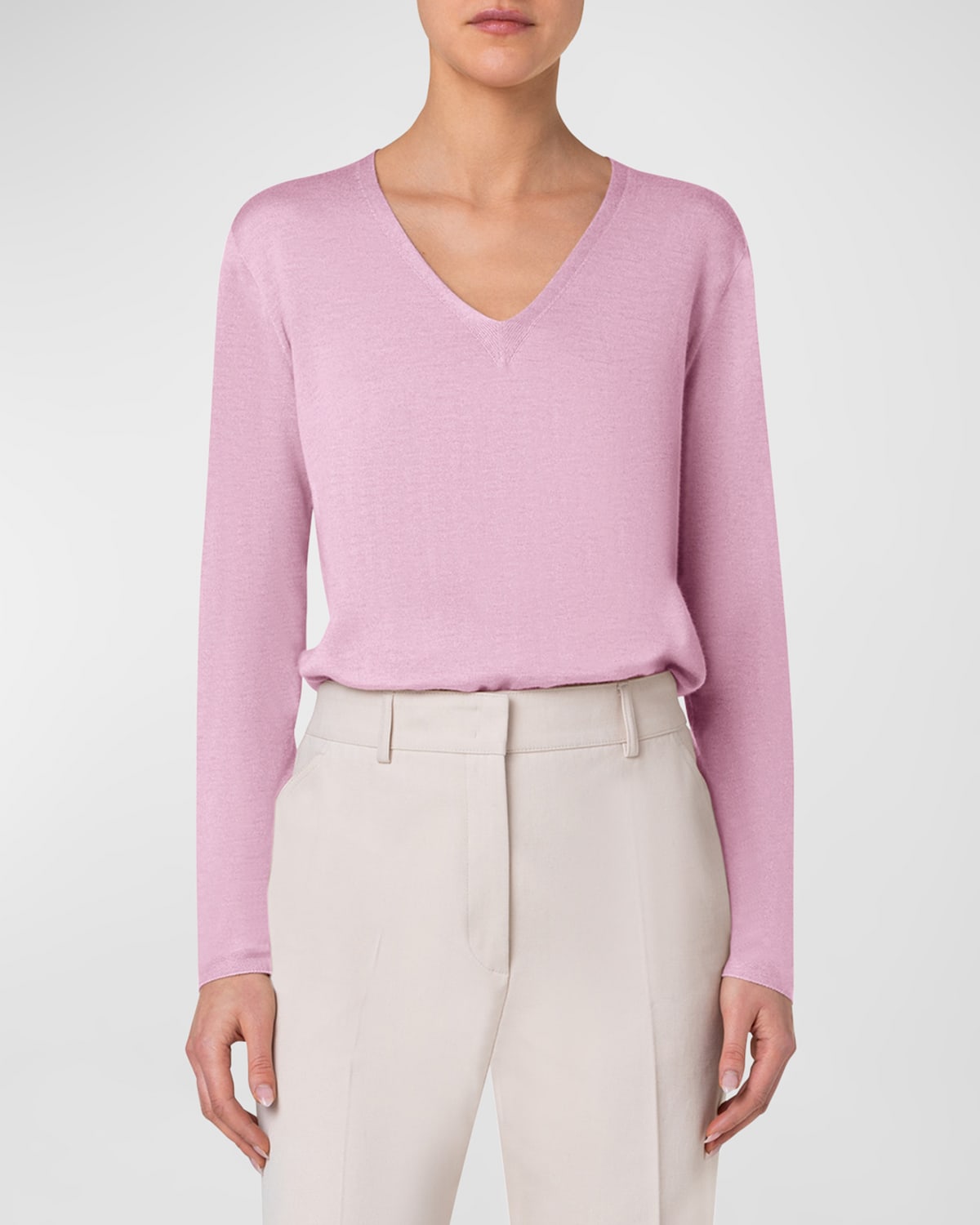 V-Neck Long-Sleeve Cashmere-Silk Fine Gauge Seamless Sweater