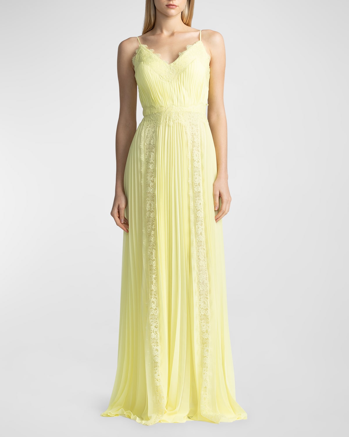 Sleeveless Pleated Lace-Trim Chiffon Gown