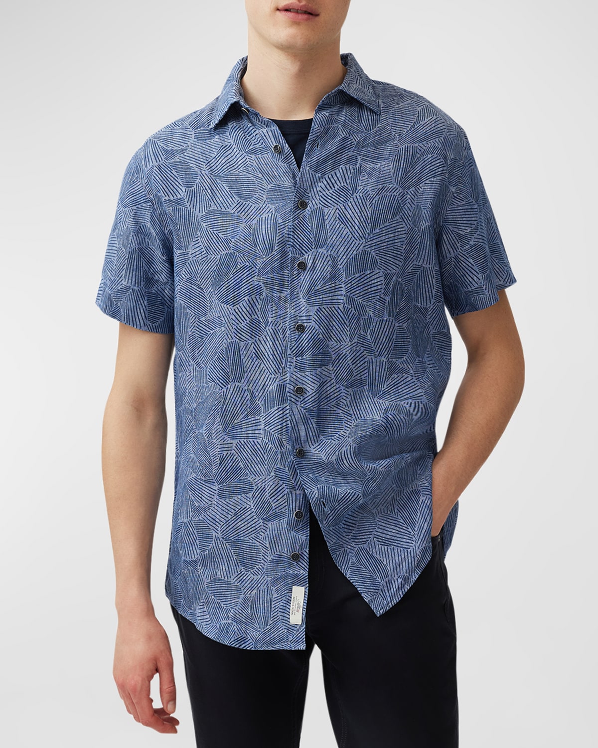 Shop Rodd & Gunn Men's Ellerby Linen Geometric-print Short-sleeve Shirt In Denim