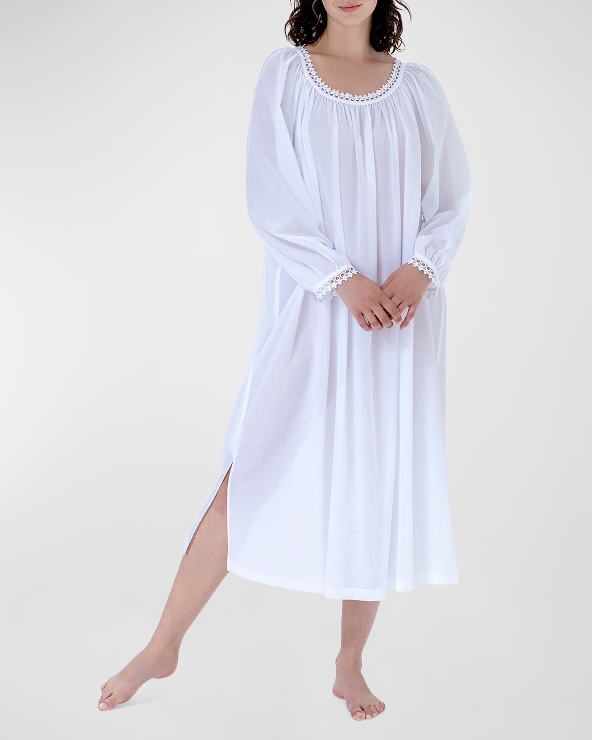Celestine Monica-3 Striped Lace-trim Cotton Nightgown In White