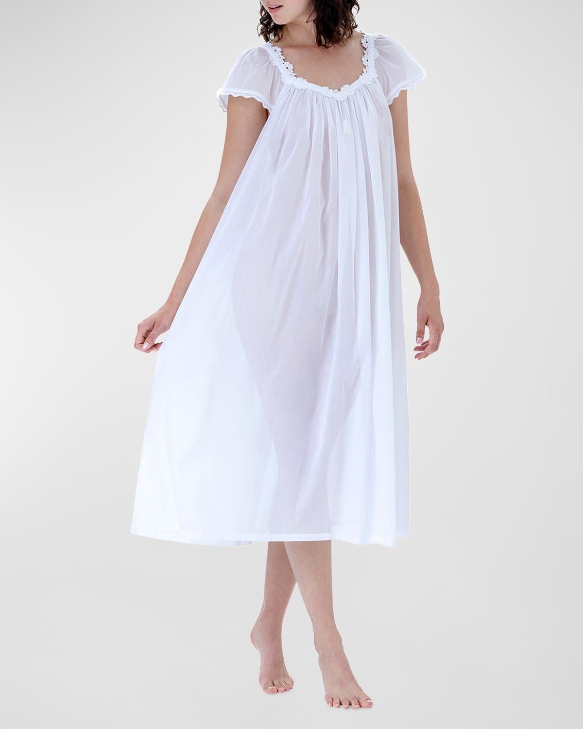 Coralie-2 Ruched Lace-Trim Cotton Nightgown