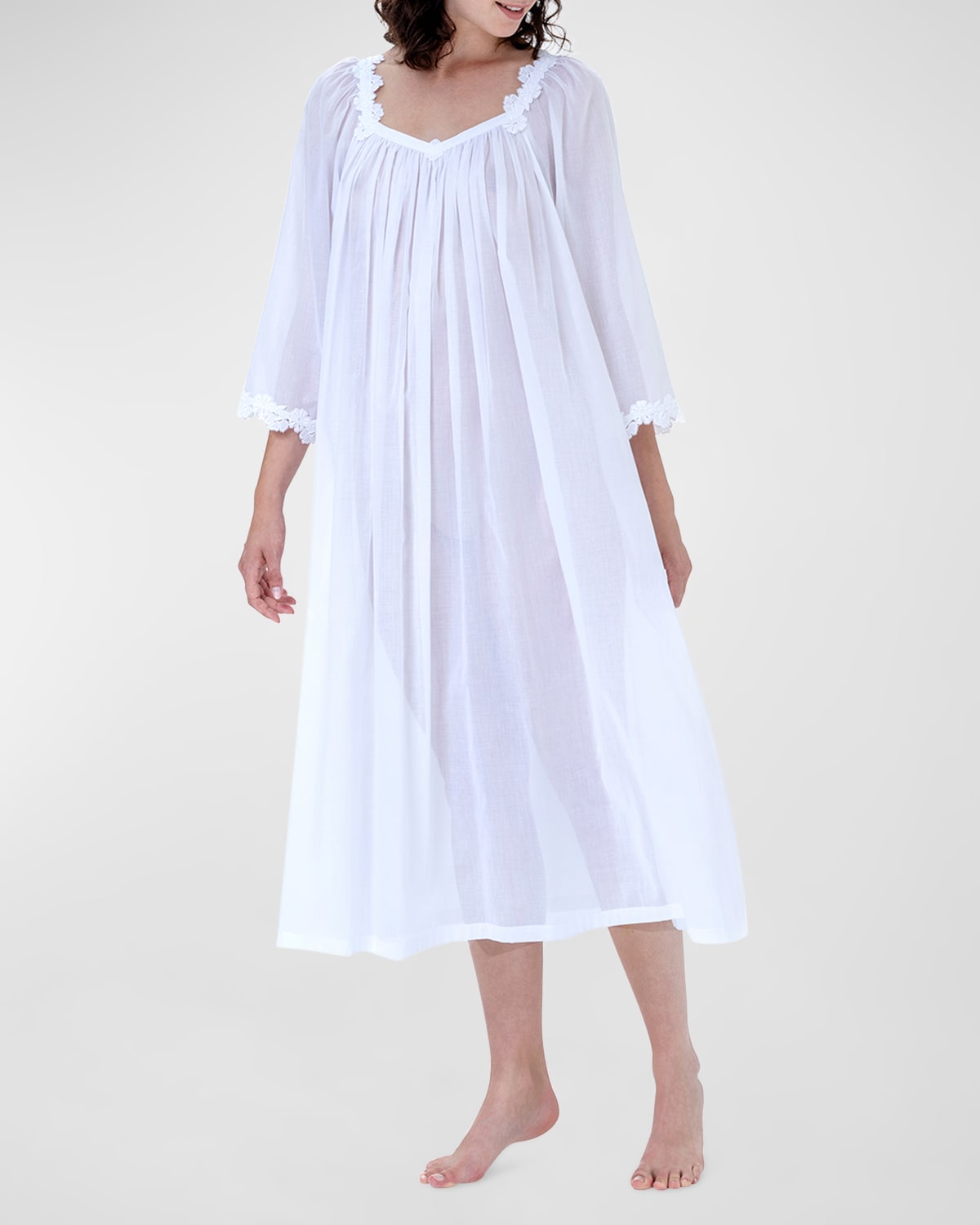 Coralie-3 Ruched Lace-Trim Cotton Nightgown