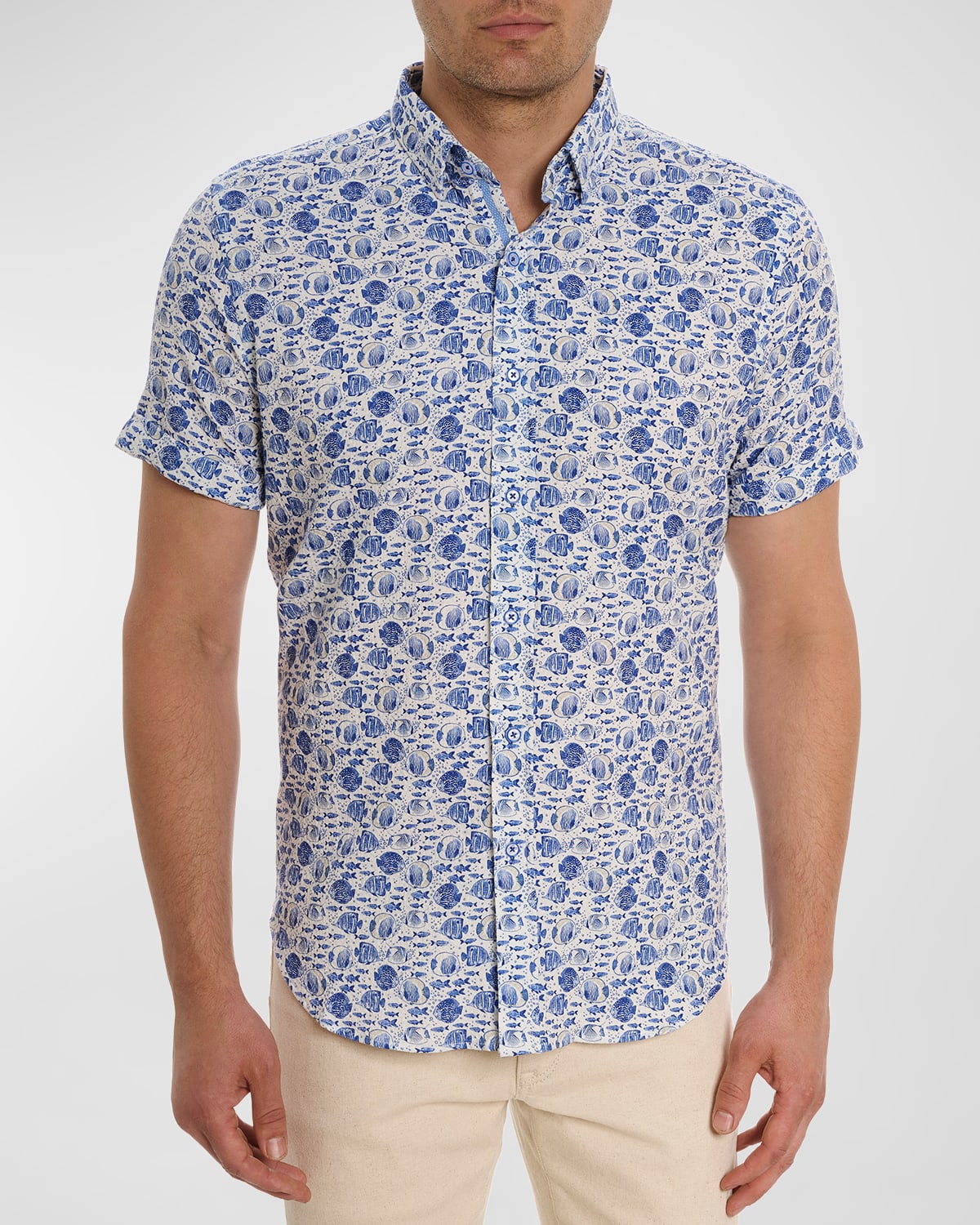 Robert Graham Fenwick Fish Print Short Sleeve Button-up Shirt In Blue