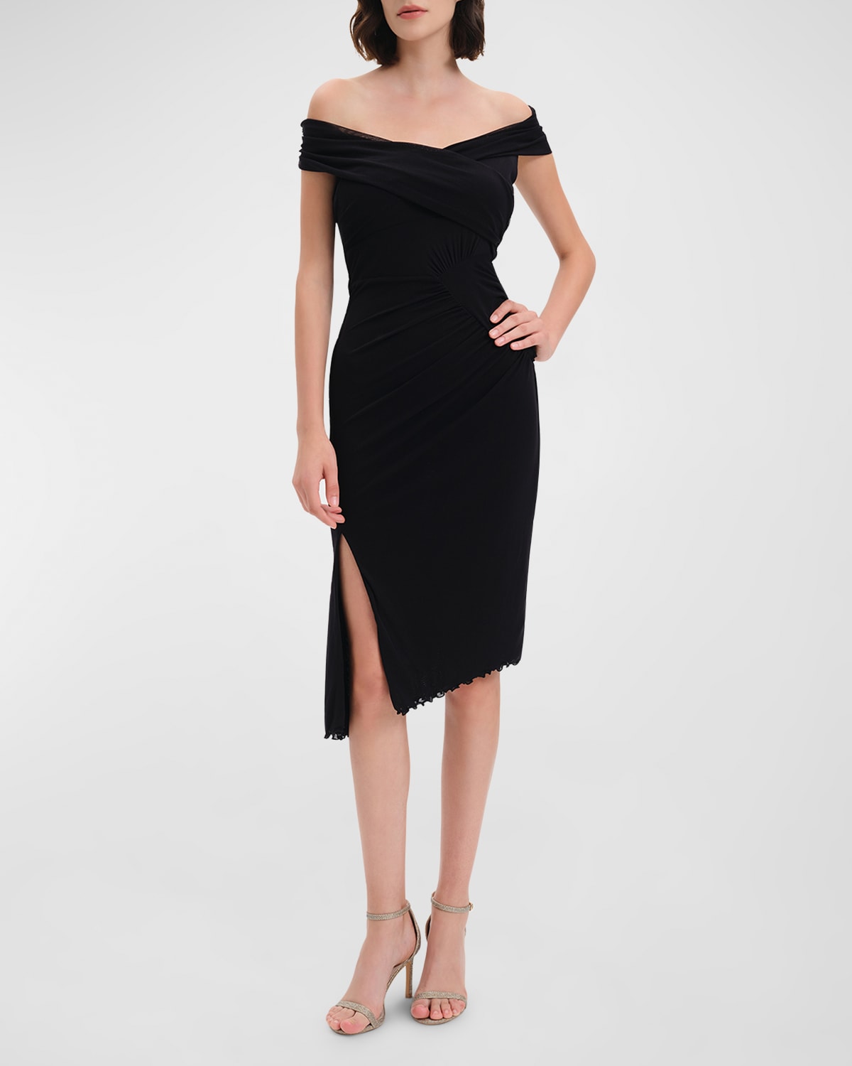 Shop Diane Von Furstenberg Lovinia Ruched Off-shoulder High-low Midi Dress In Black