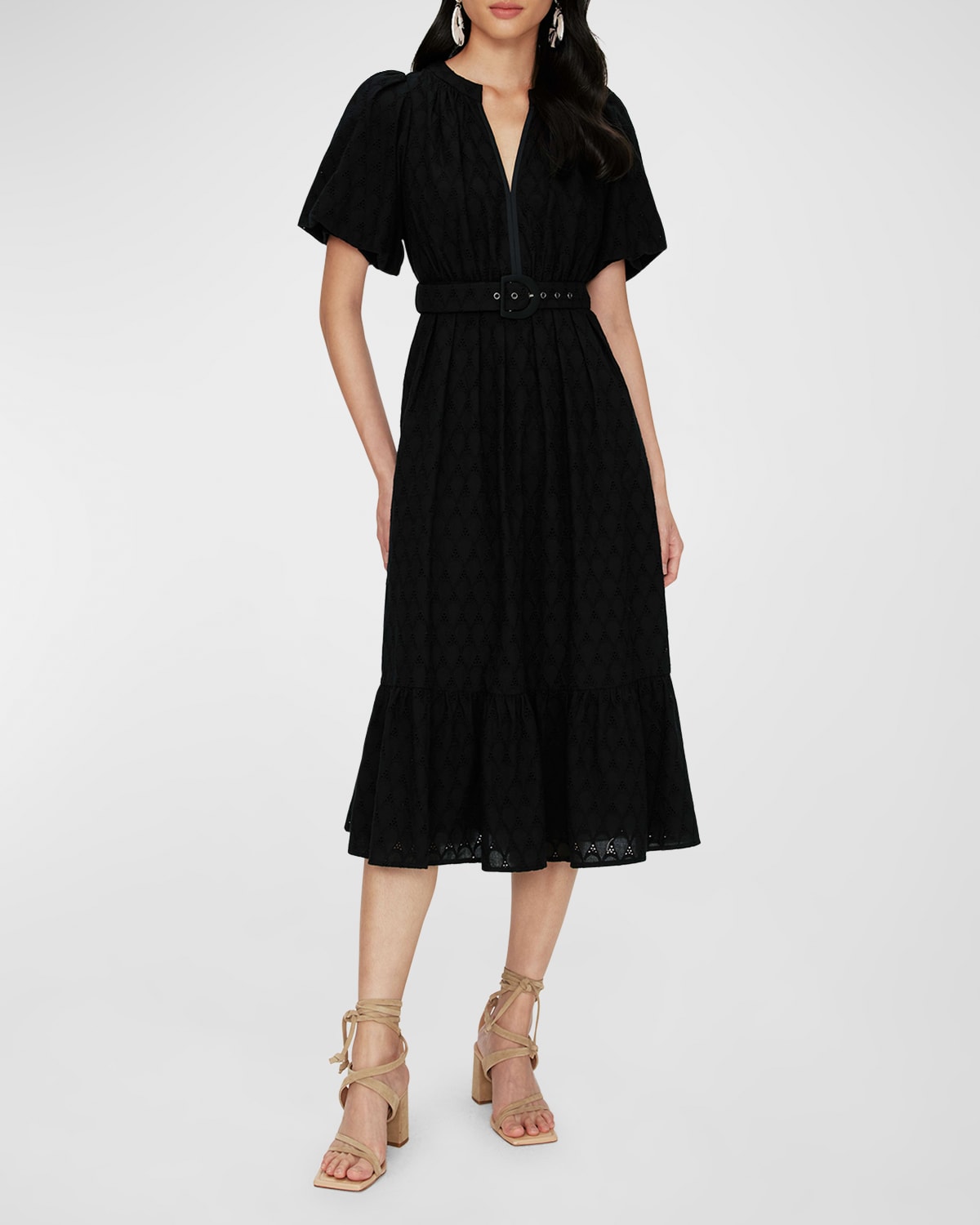 Shop Diane Von Furstenberg Polina Puff-sleeve Flounce Eyelet Midi Dress In Black