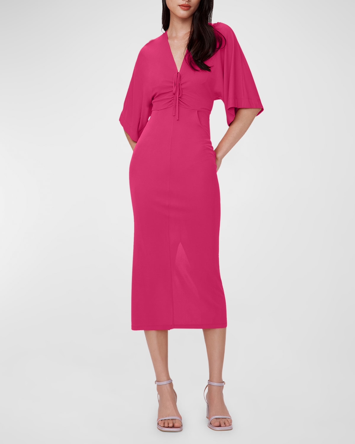 Shop Diane Von Furstenberg Valerie Ruched Elbow-sleeve Bodycon Midi Dress In Bright Berry