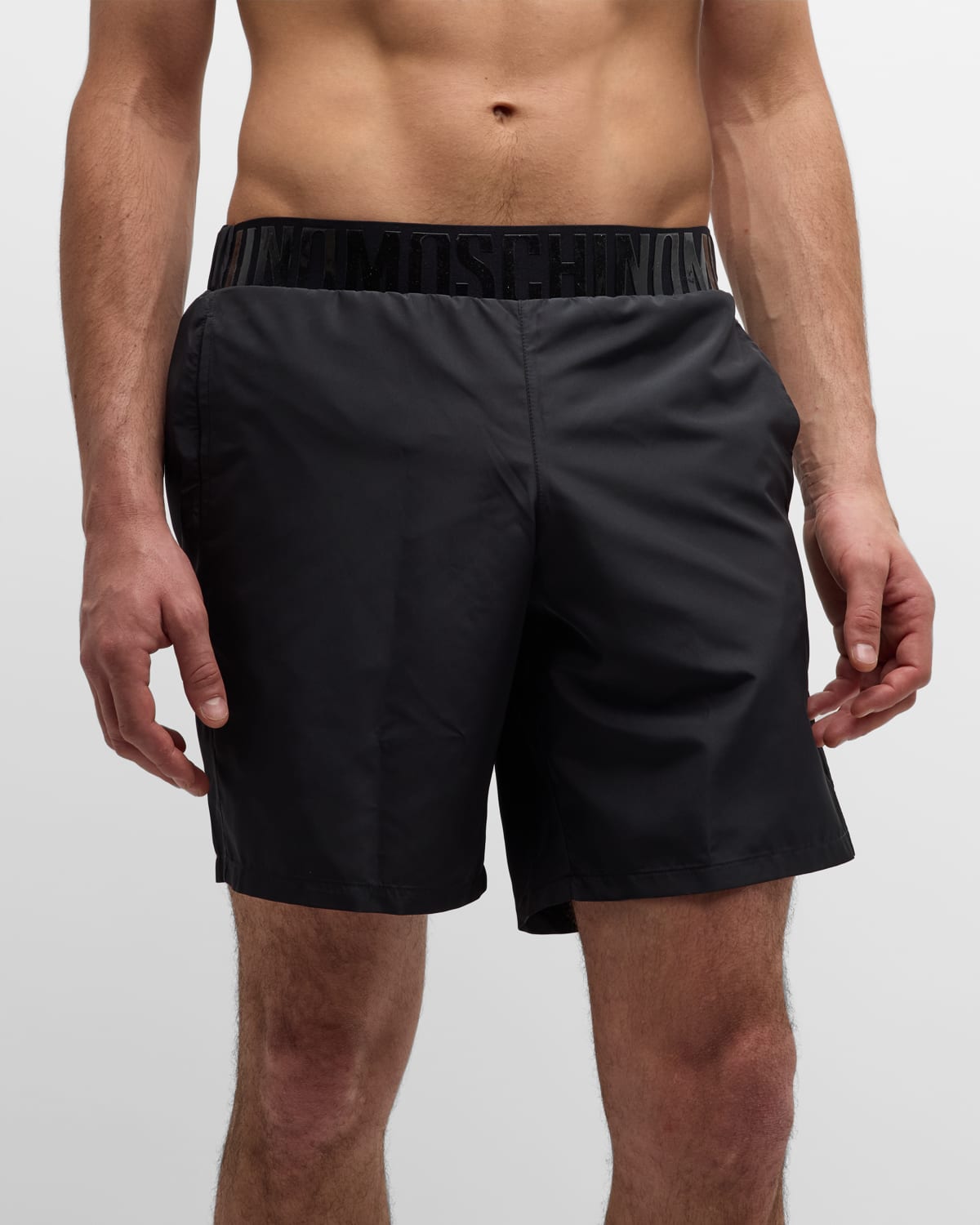 Moschino Men's Shiny Logo Elastic Swim Shorts In Black
