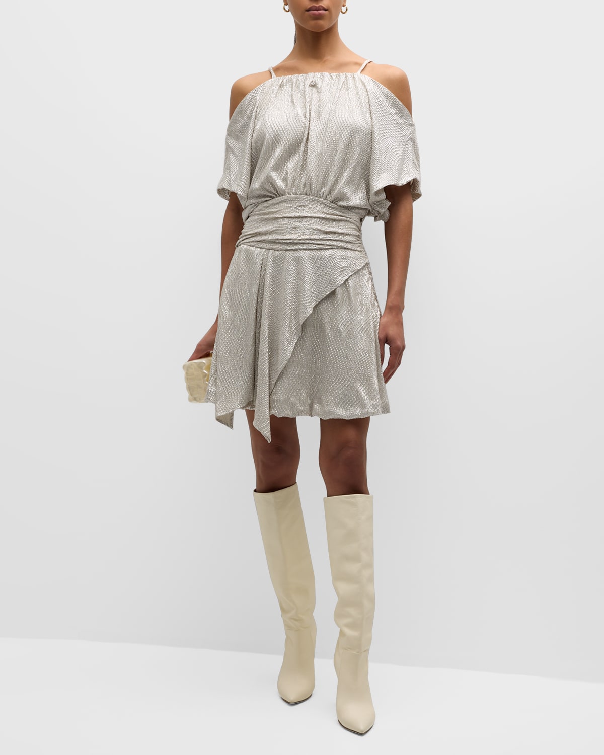 Iro Siranne Draped Open-shoulder Mini Dress In Ecru/silver