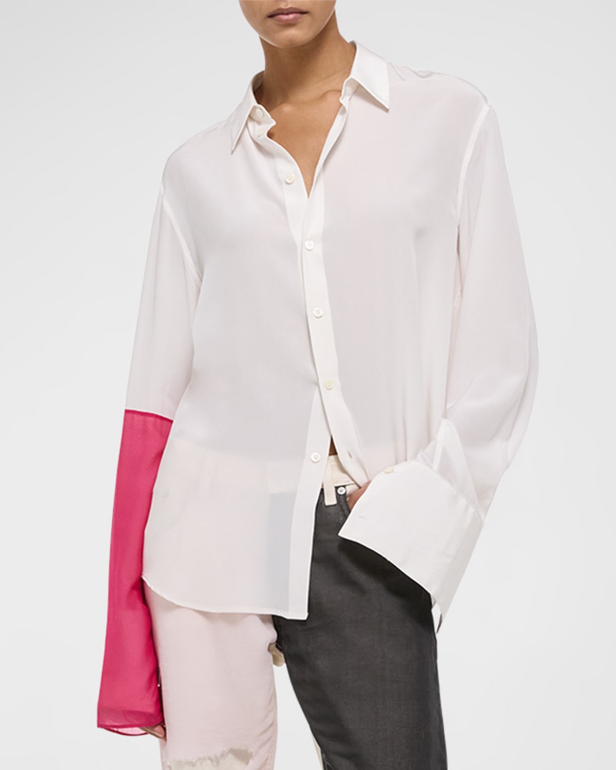 Shop Helmut Lang Combo Button-front Silk Shirt In Wht/fuscha