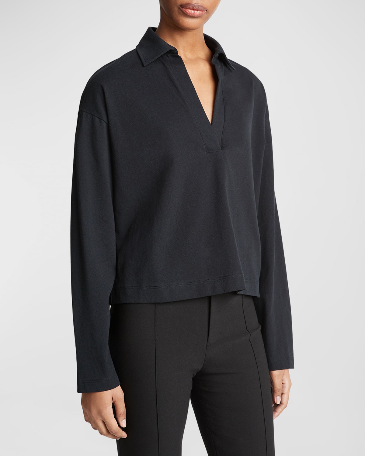 Shop Vince Easy Cotton Long-sleeve Pullover Polo Top In Black