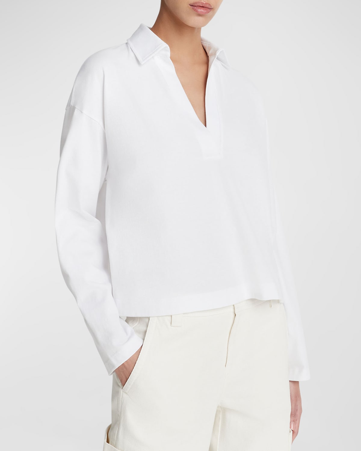 Shop Vince Easy Cotton Long-sleeve Pullover Polo Top In Optic White