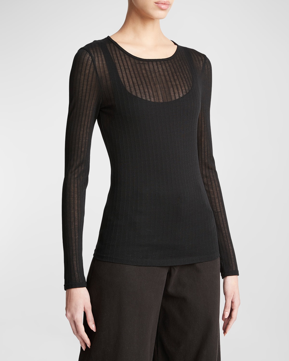 Vince Sheer Long-sleeve Crewneck Top In Black