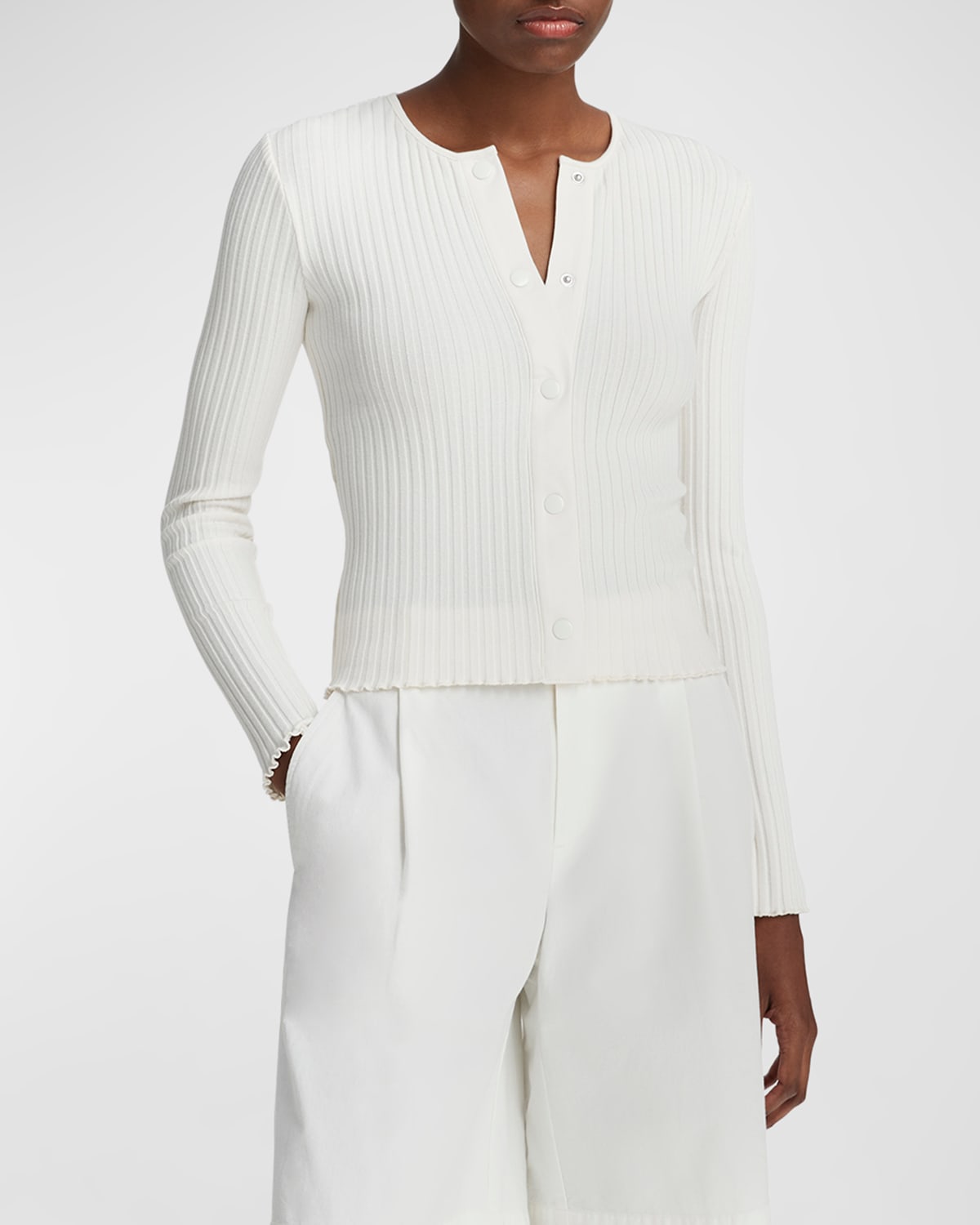 Vince Ribbed Long-sleeve Novelty Top In Off White