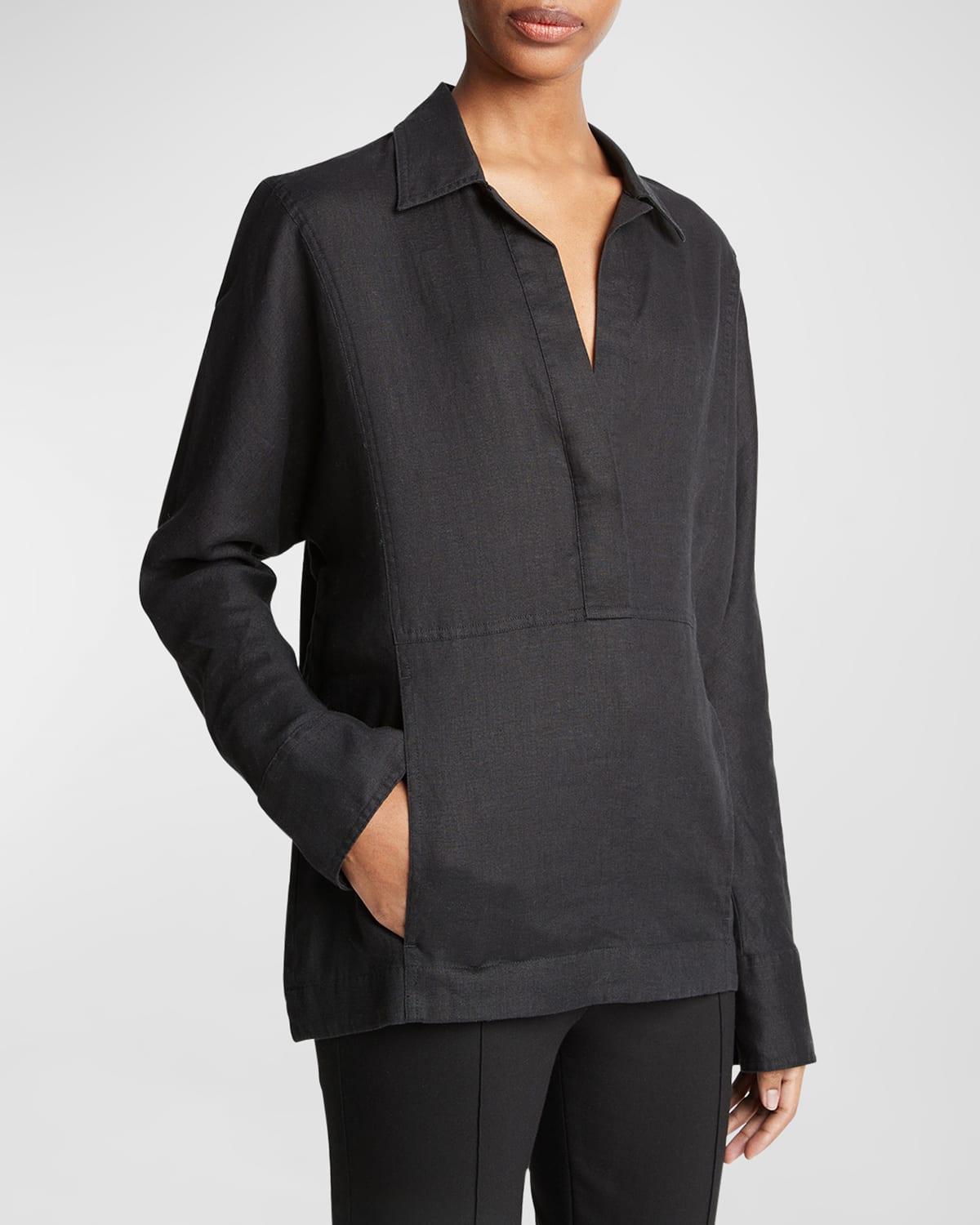 Vince Kangaroo Pocket Long-sleeve Linen Pullover Top In Black