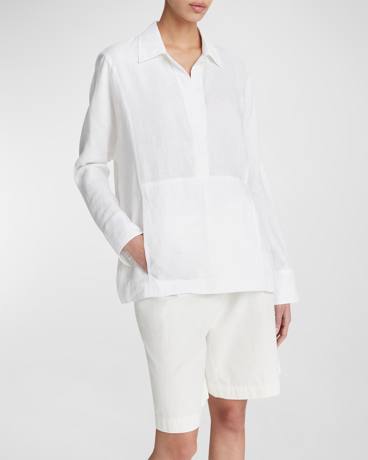 Shop Vince Kangaroo Pocket Long-sleeve Linen Pullover Top In Optic White