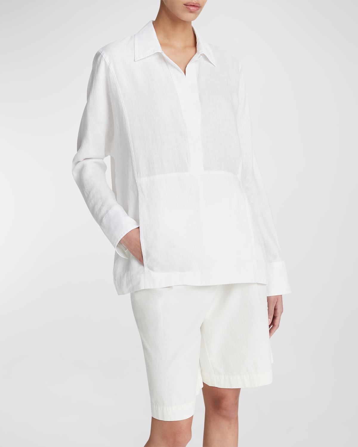 Vince Kangaroo Pocket Long-sleeve Linen Pullover Top In Optic White
