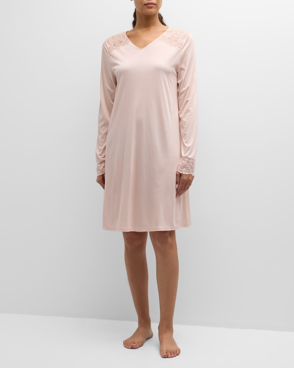 Hanro Josephine Lace-trim Modal Nightgown In Peach Whip