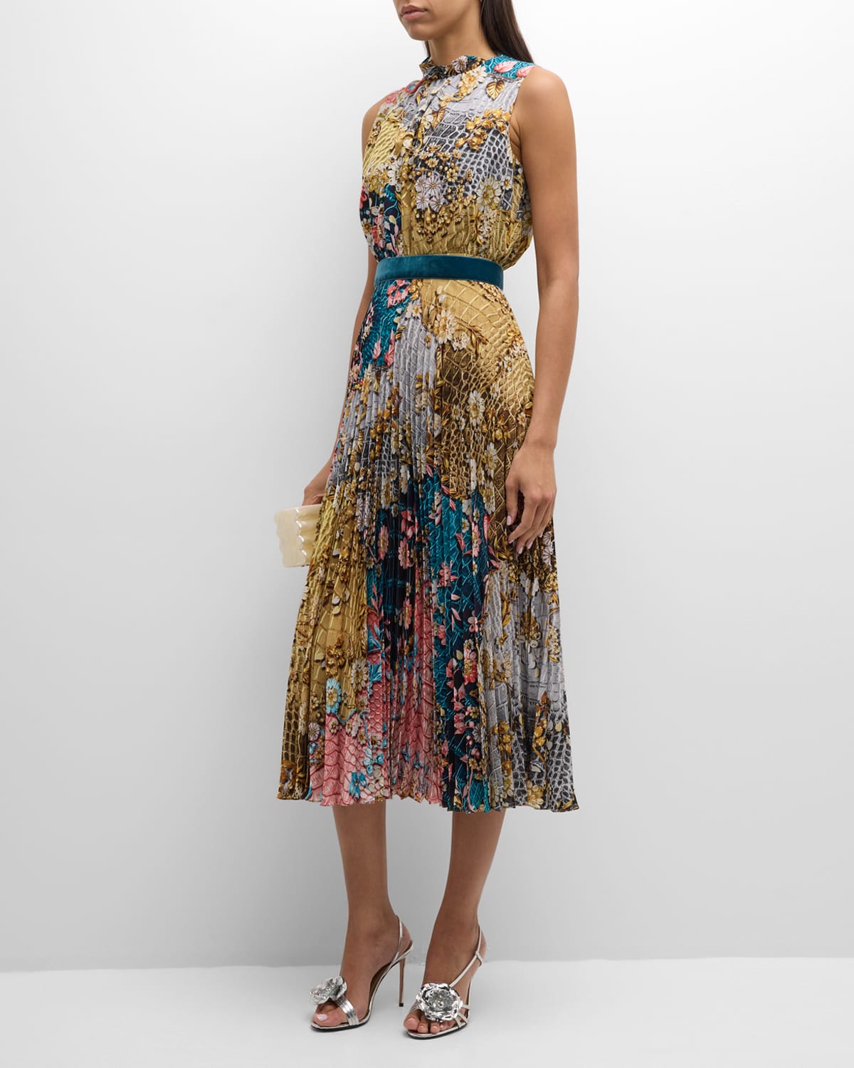 Hollie Floral Animal-Print Pleated Sleeveless Midi Dress