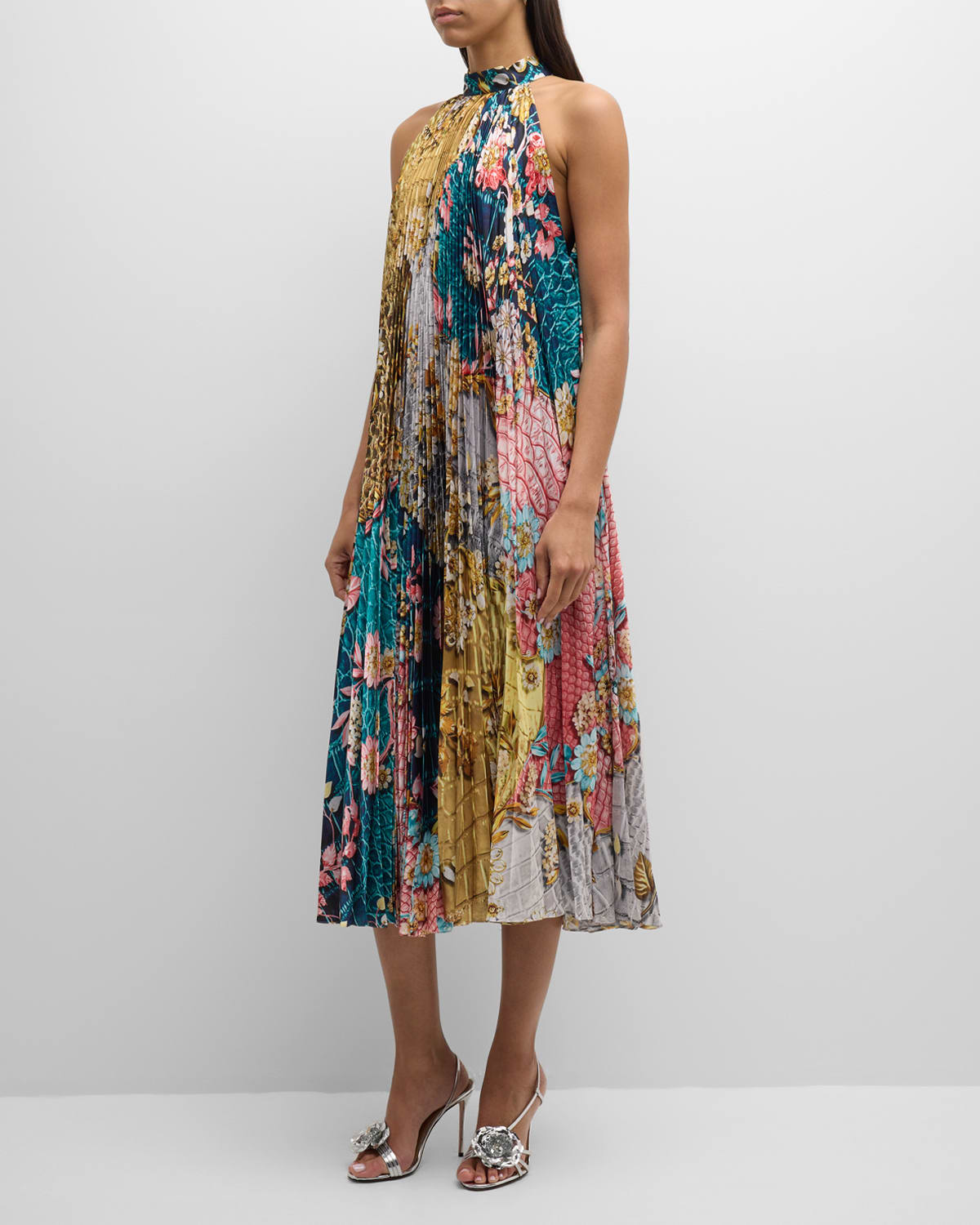 Nimbus Floral Animal-Print Pleated Sleeveless Midi Dress