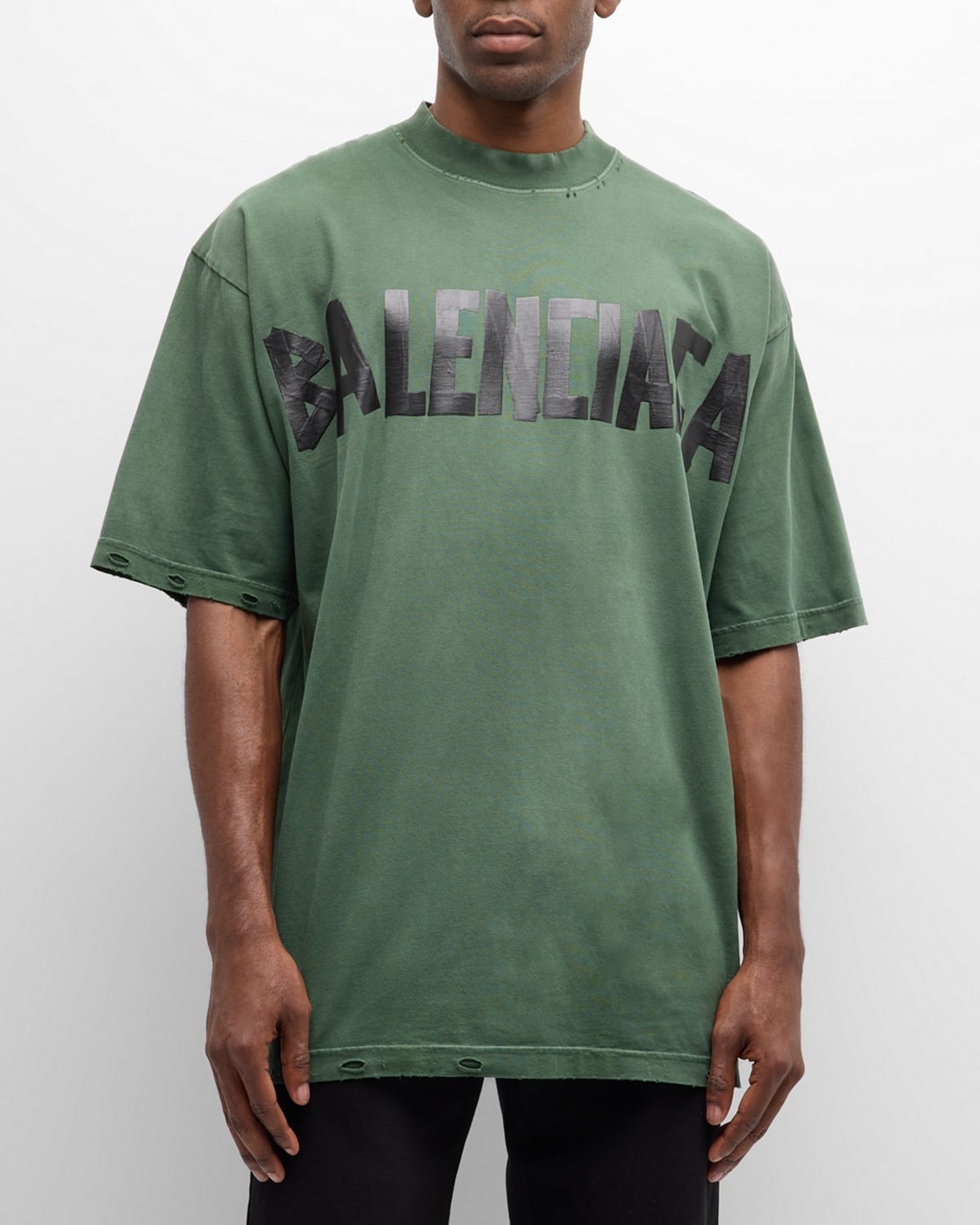 Shop Balenciaga Men's Taped-logo Distressed T-shirt In 3004 Dark Green