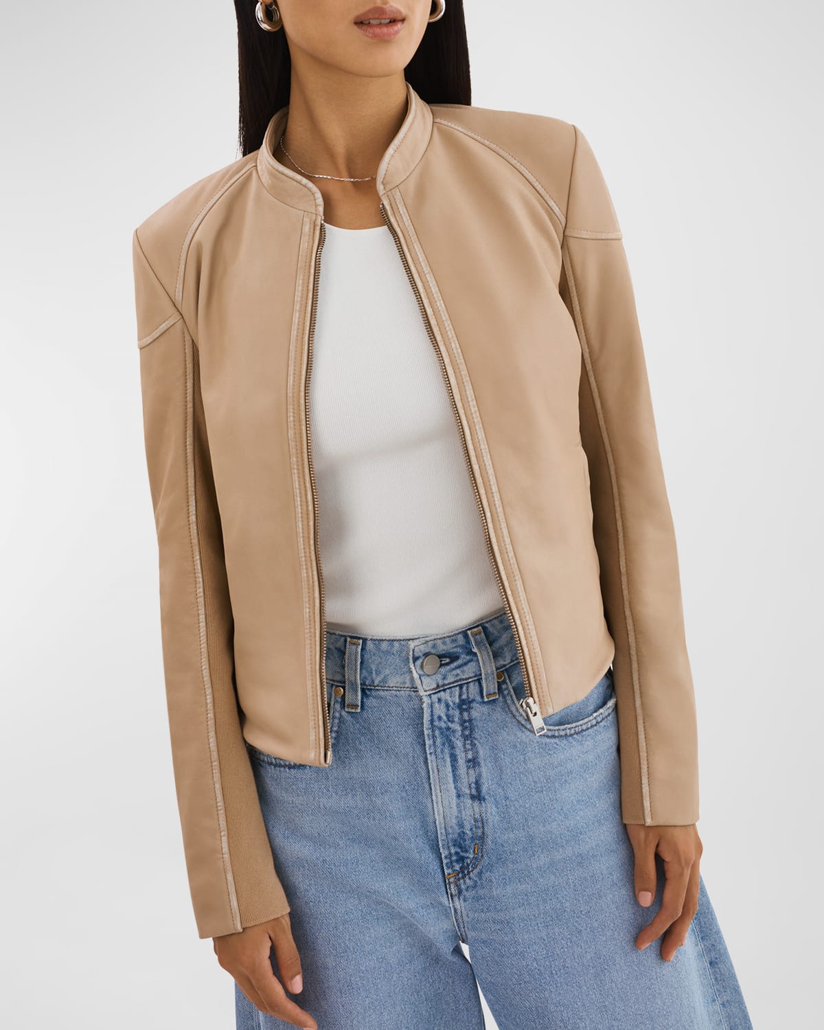 Shop Lamarque Hira Leather Moto Jacket In Distressed Wheat