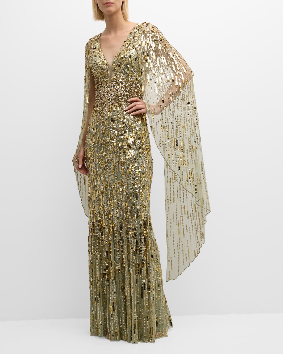 Shop Jenny Packham Honey Pie Sequined Cape-sleeve Mermaid Gown In Green Opal 2025