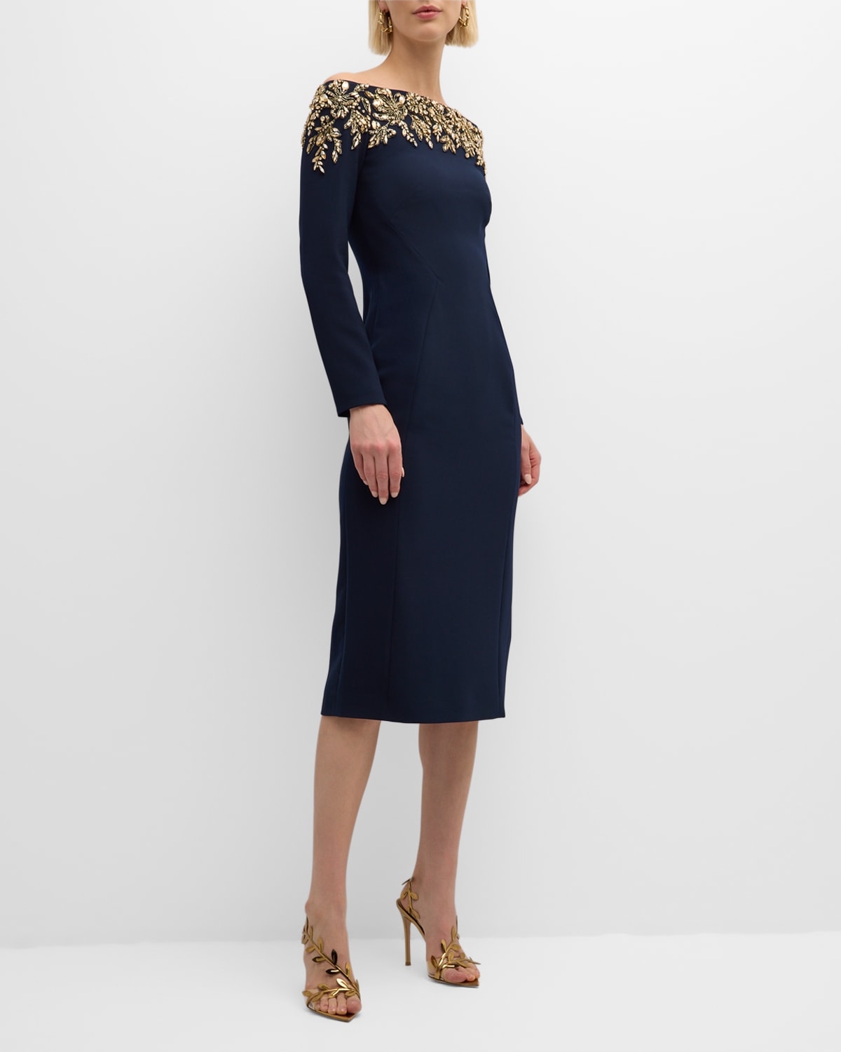 Jenny Packham Rosabel Crystal Off-the-shoulder Long-sleeve Dress In Iolite Blue 2018