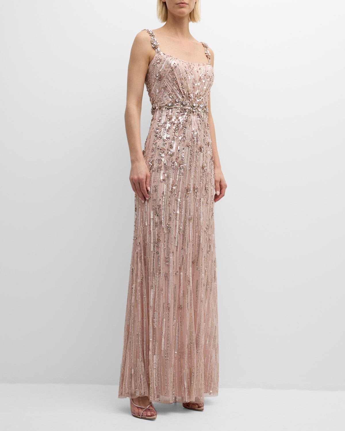 Shop Jenny Packham Bright Gem Embellished Sleeveless A-line Gown In Powder Pink 272