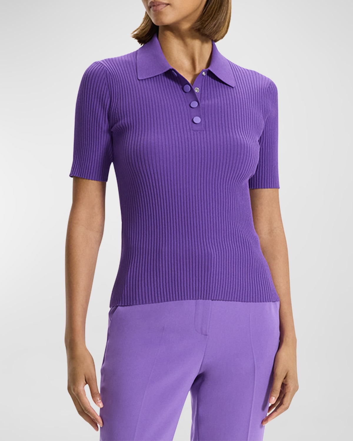 Shop Theory Ribbed Compact Crepe Short-sleeve Polo Shirt In Bright Peony