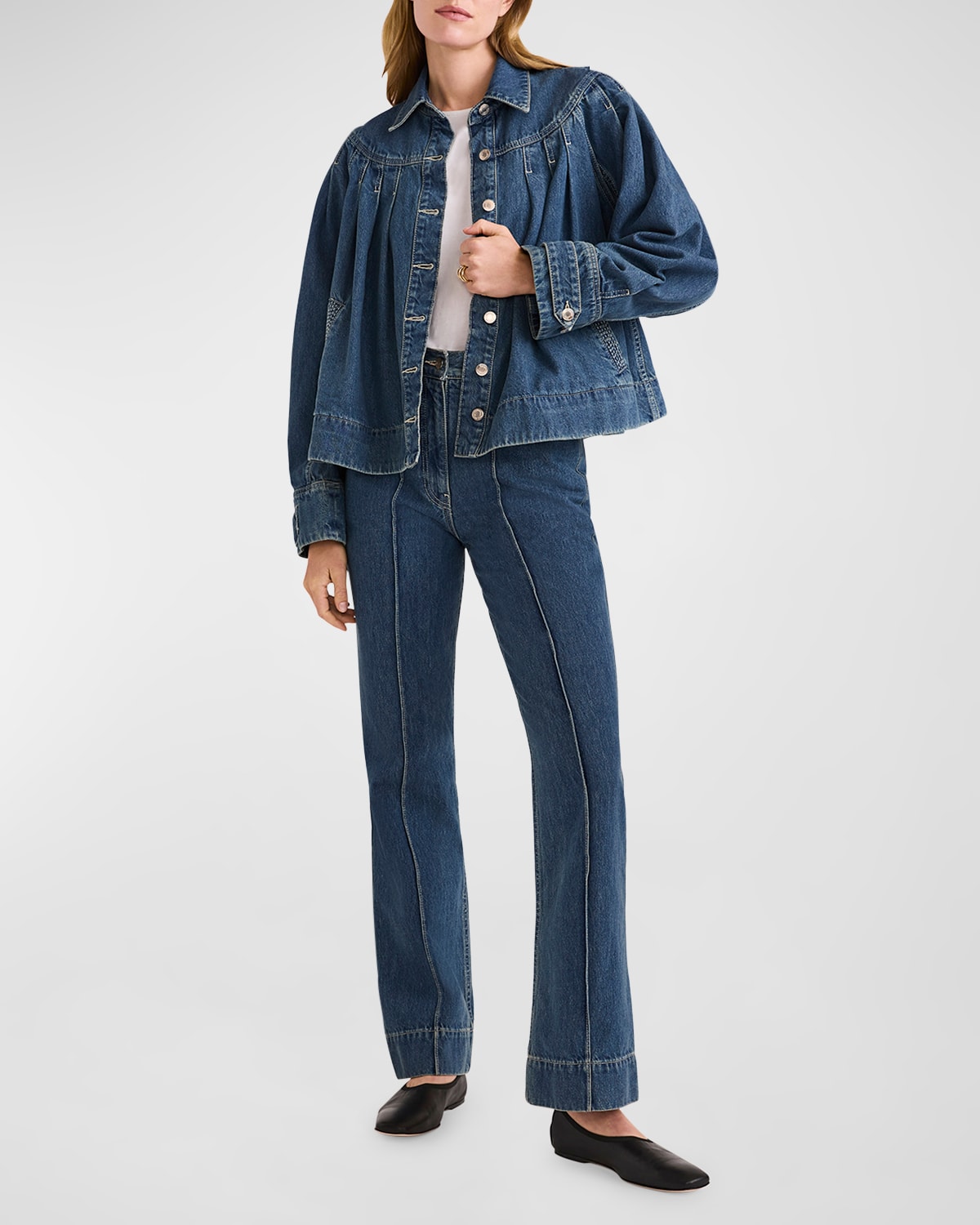 Shop Merlette Easton Pintuck Denim Jacket In Mid-blue Wash