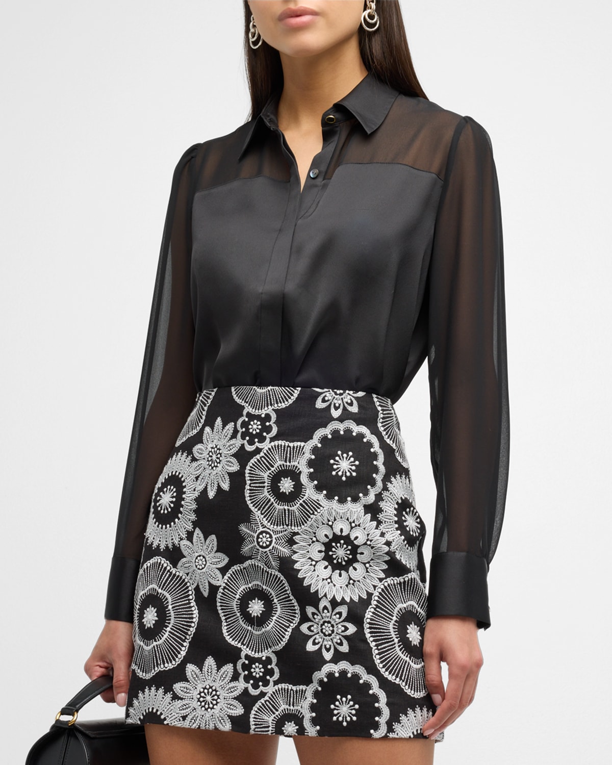Shop Milly Andy Sheer-panel Button-down Satin Blouse In Black