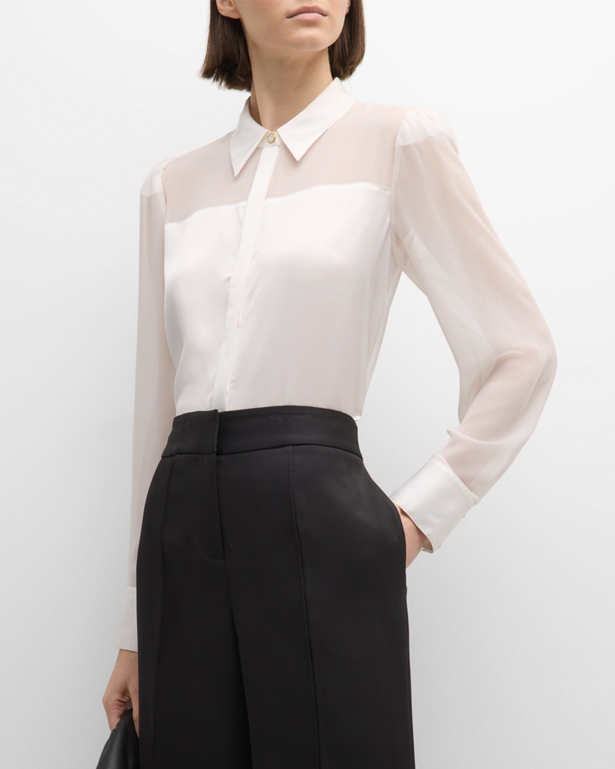MILLY ANDY SHEER-PANEL BUTTON-DOWN SATIN BLOUSE