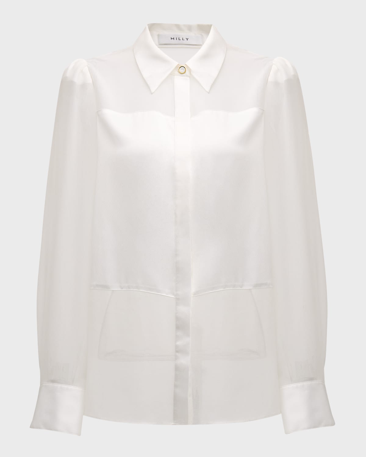 MILLY ANDY SHEER-PANEL BUTTON-DOWN SATIN BLOUSE