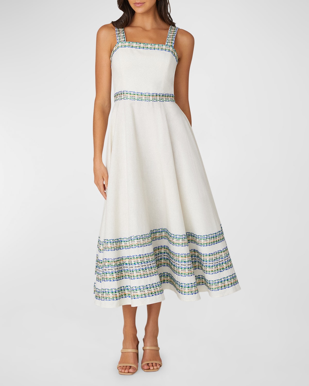 Shop Shoshanna Christina Embroidered Cotton Sleeveless Midi Fit & Flare Dress In Ivory