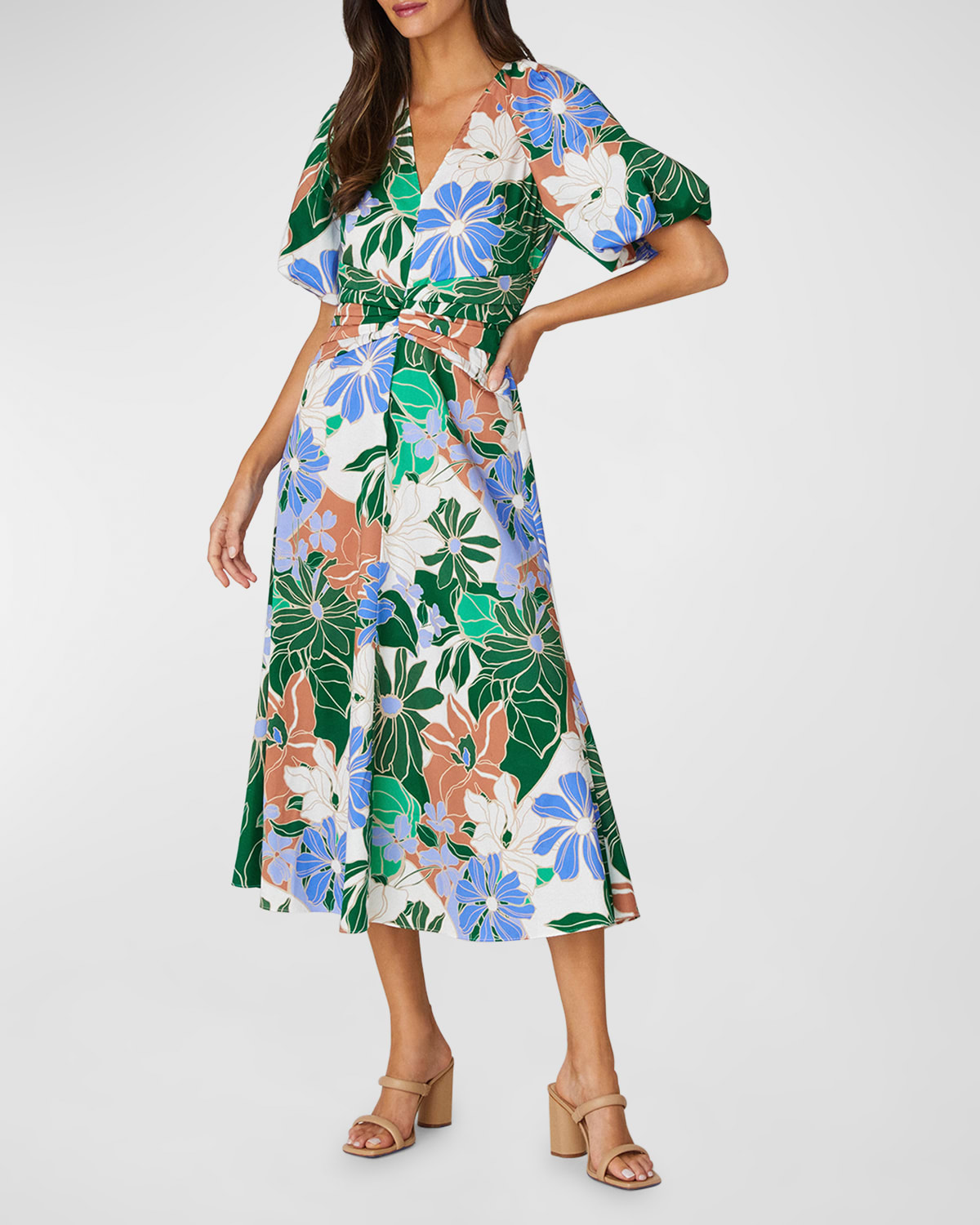 Shop Shoshanna Jacqueline Puff-sleeve Stretch Cotton Midi Dress In Iv/grn/tan