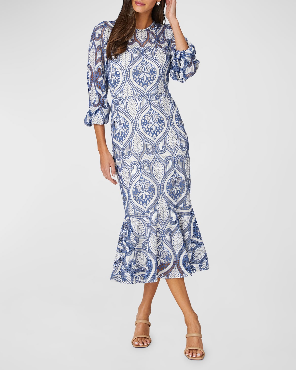 Shoshanna Adelia Embroidered Blouson-sleeve Midi Dress In Iv/sea Blu