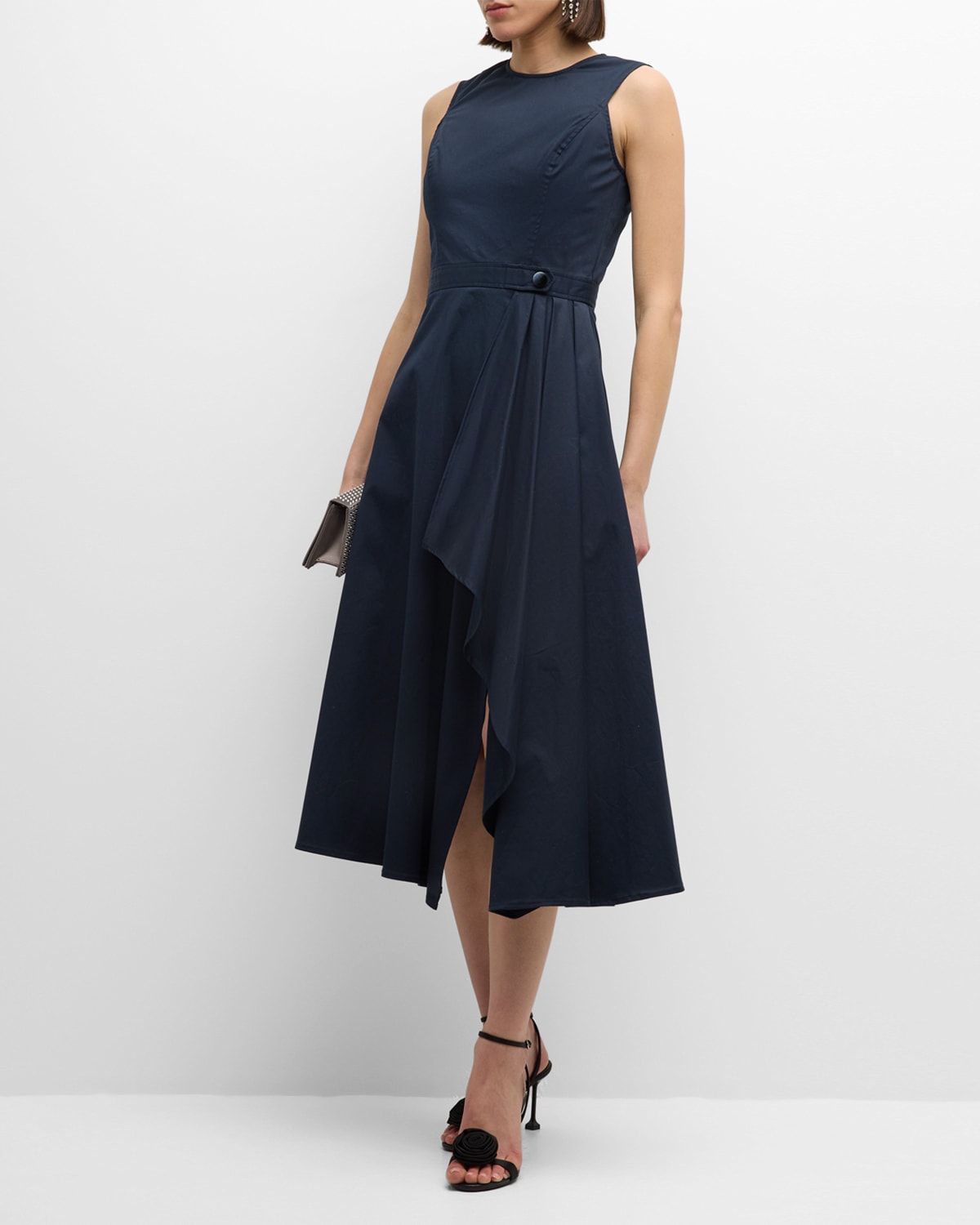 Shop Shoshanna Palmer Pleated Sleeveless A-line Midi Dress In Navy