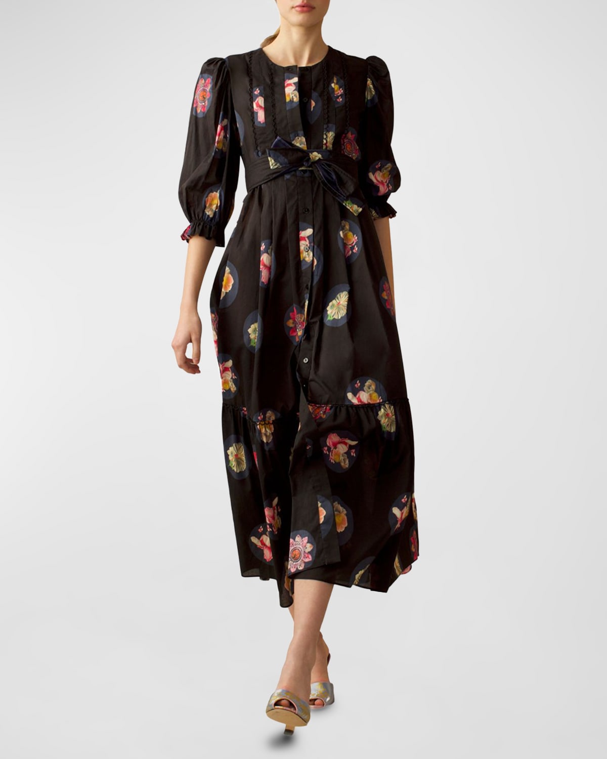 Pintuck Floral-Print Blouson-Sleeve Midi Dress