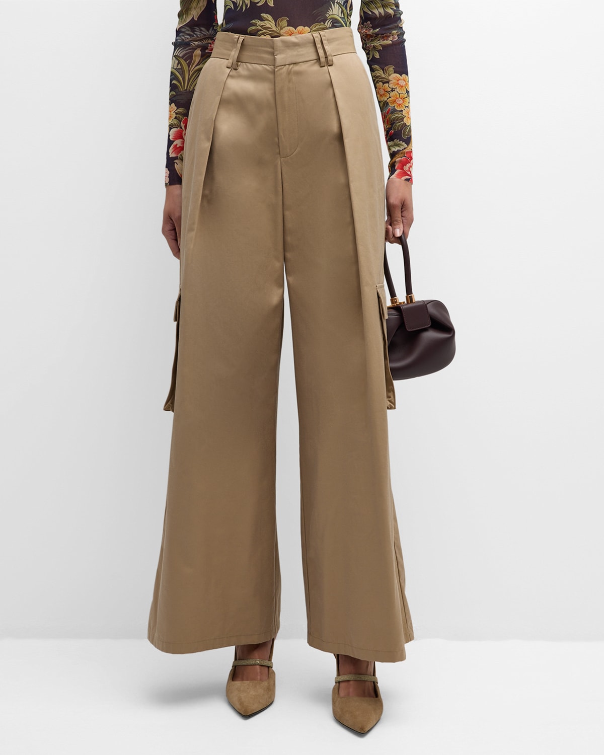 Pleated High-Rise Wide-Leg Cargo Pants