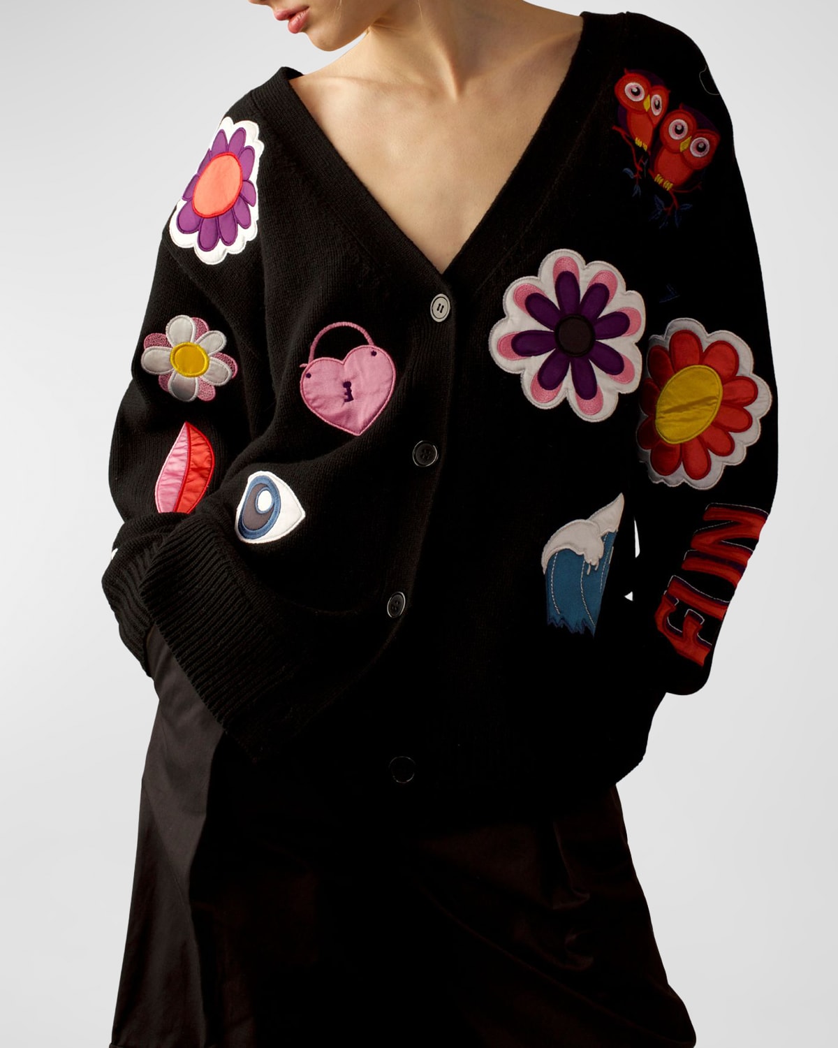 Shop Cynthia Rowley Oversized Button-down Patch Cardigan In Black Multi