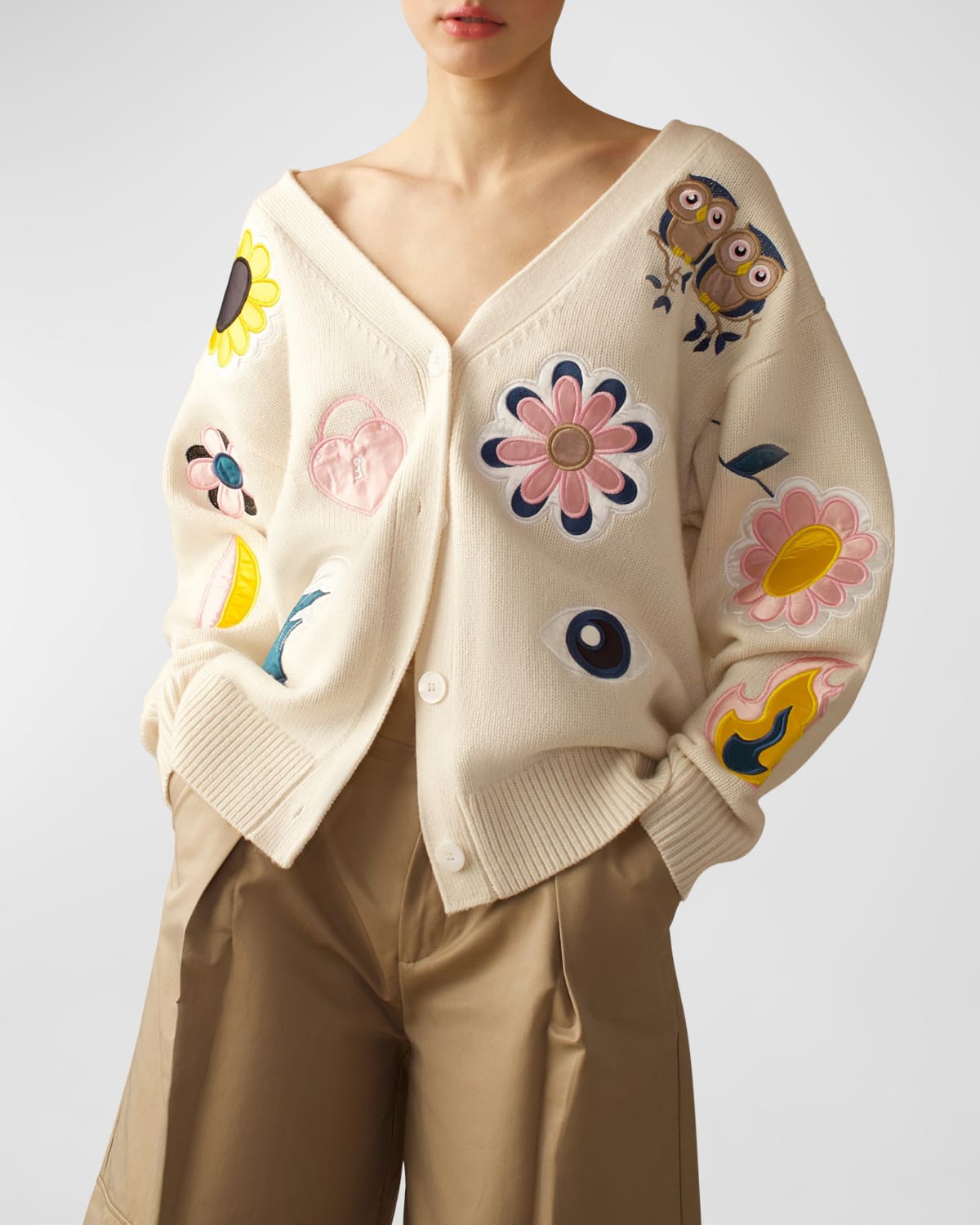 Shop Cynthia Rowley Oversized Button-down Patch Cardigan In White Multi
