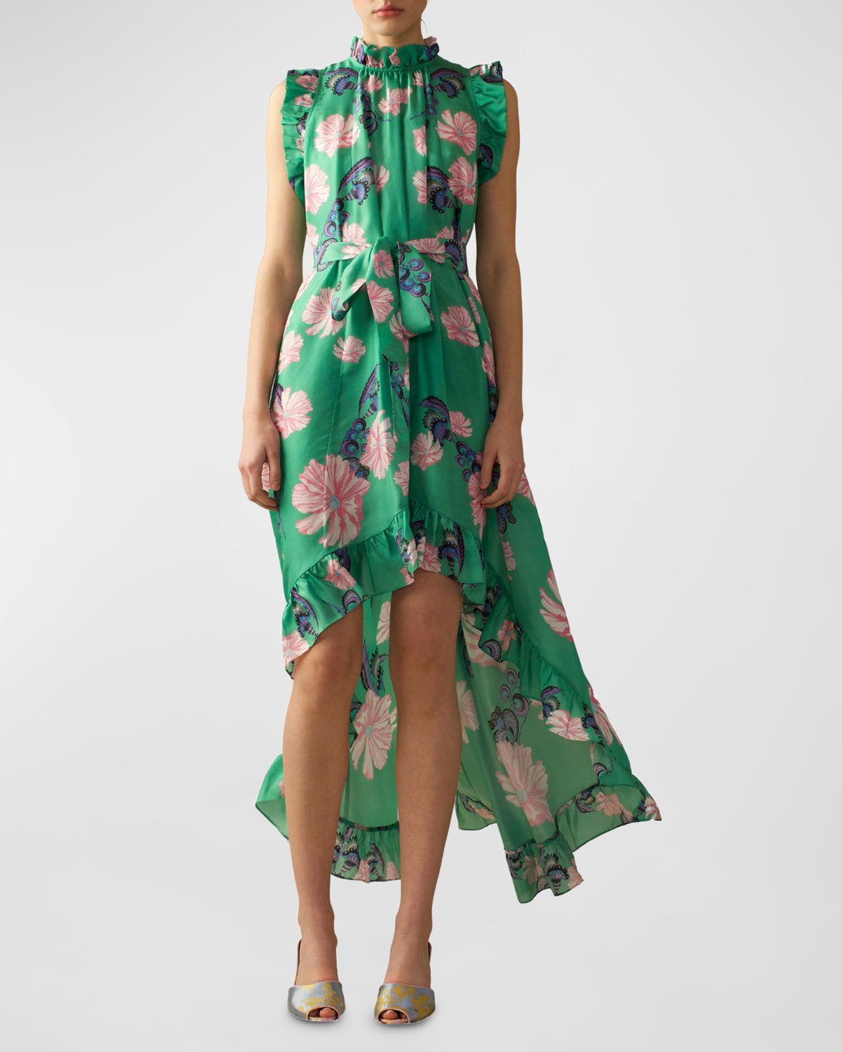 Shop Cynthia Rowley High-low Floral-print Ruffle Maxi Dress In Green Floral