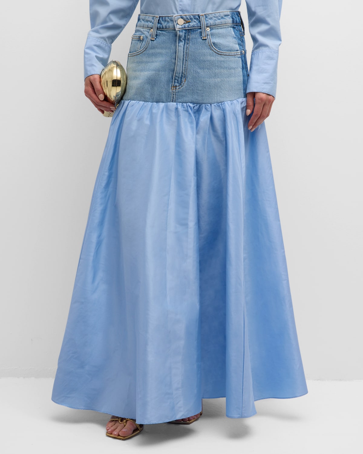 Shop Cynthia Rowley Denim & Silk Taffeta Maxi Skirt In Blue