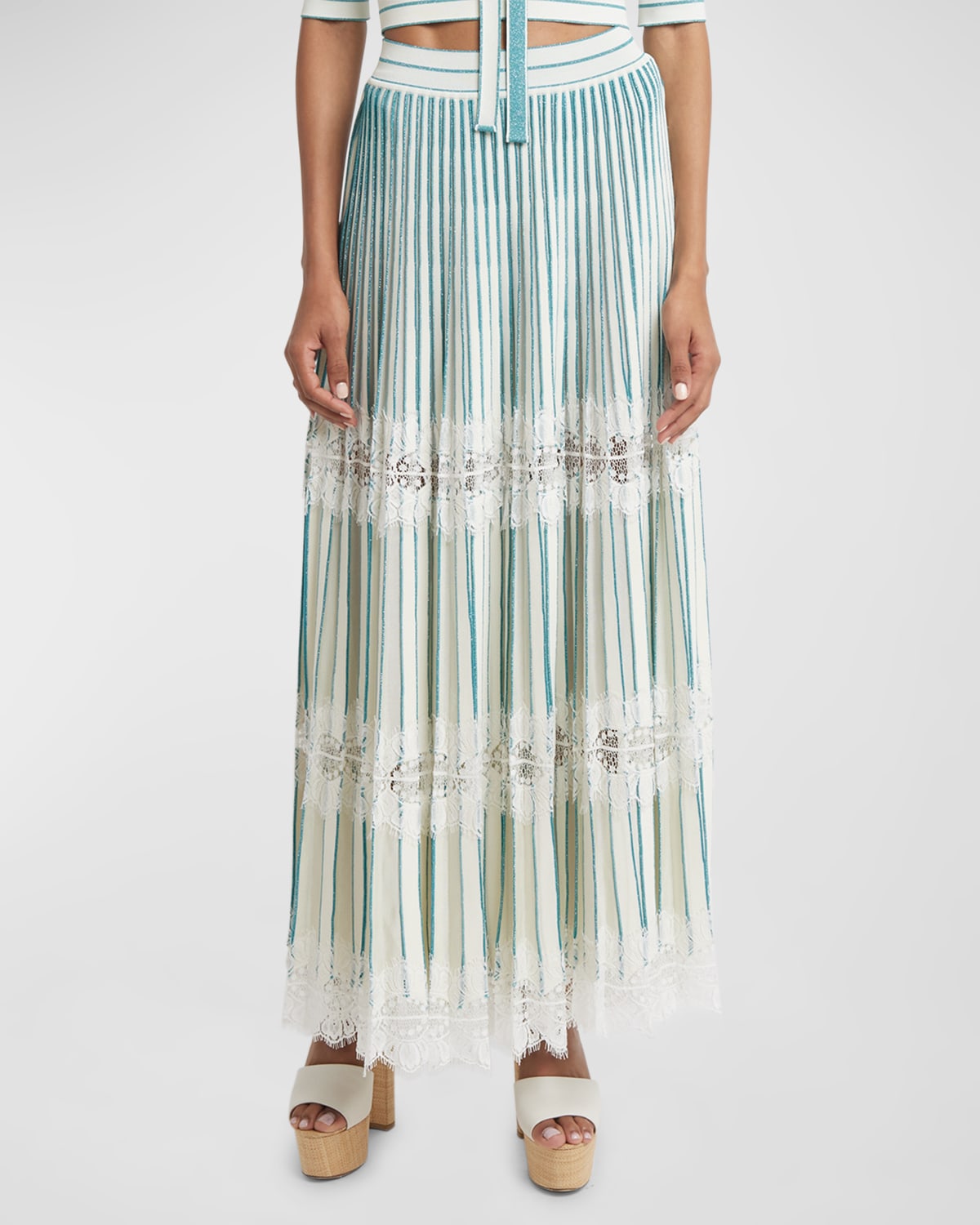 Elie Saab Lace-inset Pleated Knit Midi Skirt In Blue Gin White